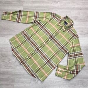Lands End Kids Long Sleeve Button Up Shirt Size M 10-12 Plaid Green Cotton